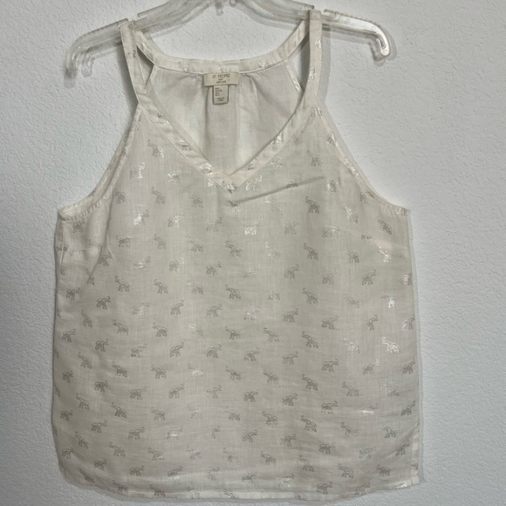 St Tropez Linen Racer Back Tank Top  Silver Shimmery Elephant Motif Ivory Size L